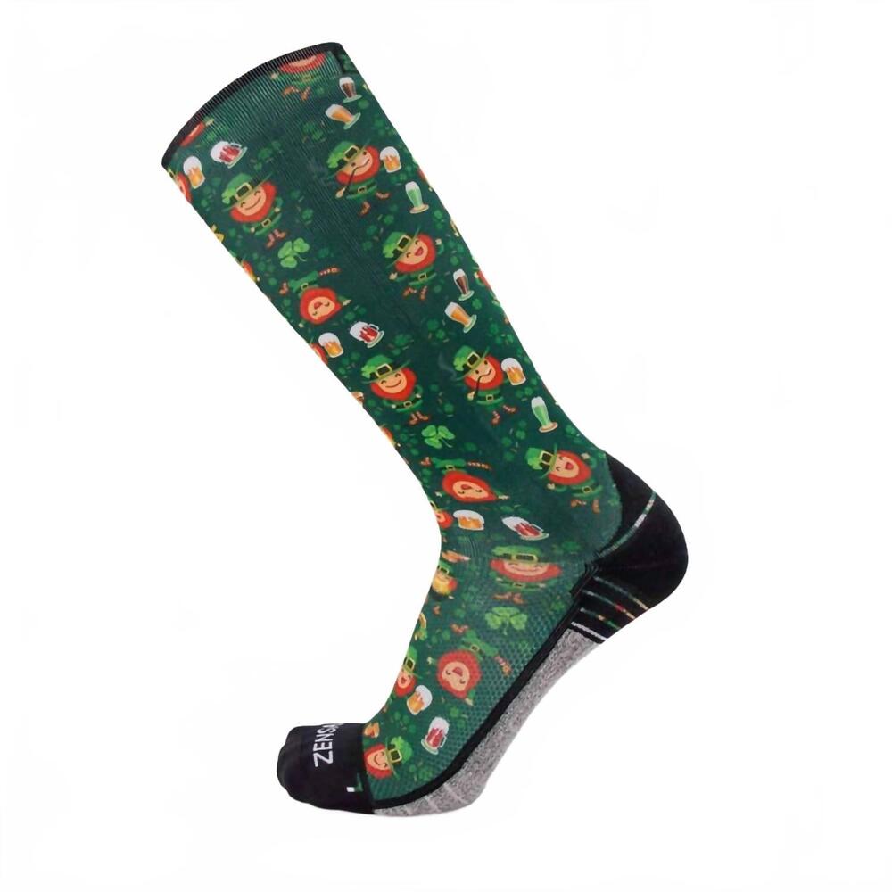 NEW ZENSAH compression leg sleeve printed socks in happy leprechauns/green
